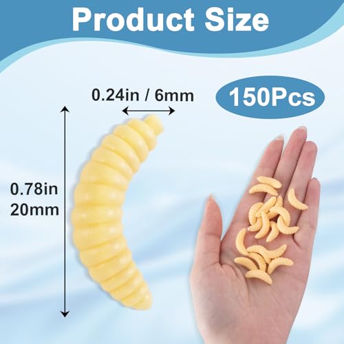 150PCS Fake Worms for Fishing, 20MM Fake Maggots, Fishing Soft Plastic Lures, Micro Lures for Freshwater Ice Lure Fishing Bass, Halloween Decoration