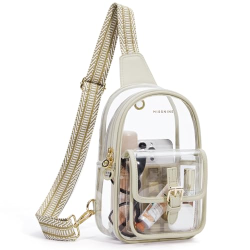Missnine Anti-Theft Clear Sling Bag Clear Fanny Pack Stadium Approved Crossbody Bag Purse Trendy Heavy Duty Transparent Chest Bags with Guitar Strap for Concerts Sport Events - color: L-khaki[anti-theft]
