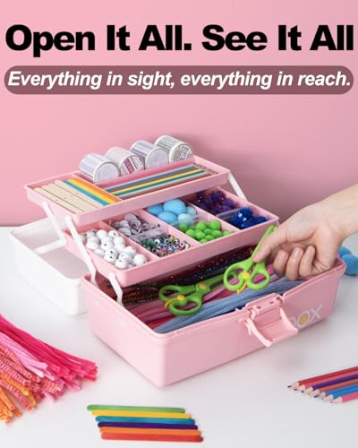 TERGOO 12in 3-Layer Plastic Craft Organizers and Storage, Portable Folding Tackle Box with Handle & Adjustable Dividers, Multipurpose Case for Sewing, Art Supplies, Medicine, Tools (White Pink) - color: White Pink