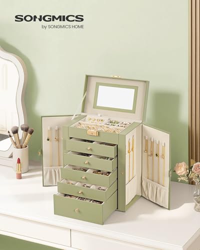 SONGMICS 6-Layer Jewelry Box Organizer with 5 Drawers, Jewelry Storage Case with Lock and Mirror, Large Storage Capacity, Gift for Loved Ones, for Necklaces, Watches, Sage Green UJBC152CE01S - color: Sage Green, size: 6 Tier