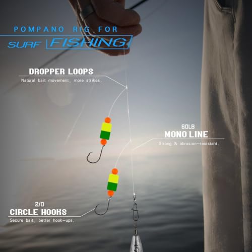 Pompano Rig Saltwater Surf Fishing Rigs – Double Drop Leader Rigs with Hooks, Floats, Beads & Snap – Easy Pre-Tied Terminal Tackle for Pompano, Whiting, Redfish - color: Assorted Colors–D, size: 12 Pack
