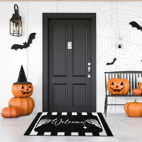 Tinideya 2 Pcs Summer Halloween Door Mats Outdoor Gothic Skull Welcome Front Doormat Linen Rubber Layered Black White Striped Skeleton Mats Nonslip Washable Halloween Decor for Front Porch Entryway - size: 16 x 28 Inch,24 x 35 Inch, style: Skull