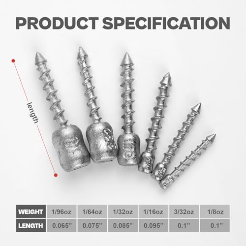 60/80-PCs Hard Alloy Screw Nail Weights, Stamped Insert Bass Fishing Sinkers, Assortment 6 Sizes for Neko Rig/Hover Rig&Wacky Worm Rig - size: 1/96oz - 80PCs