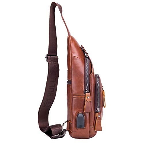 Hebetag Leather Sling Bag Hiking Daypack for Men Women Outdoor Travel Camping Fishing Crossbody Shoulder Chest Pack Backpack - color: #03brown