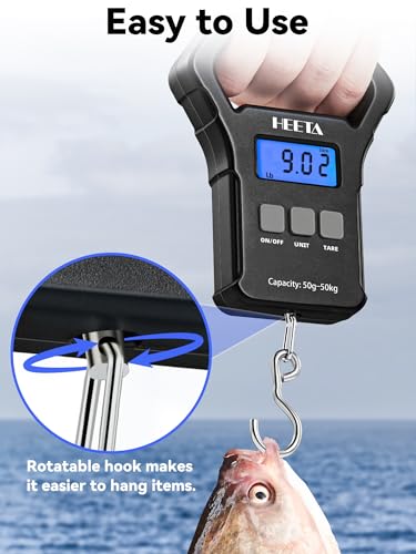 HEETA Fish Scale, 110lb/50kg Digital Portable Hanging Fishing Weight Scale with Backlit LCD Display, Luggage Scale with Hook, Non-Slip Large ABS Handle & 2 AAA Batteries, Fishing Gifts Gear for Men - color: Black