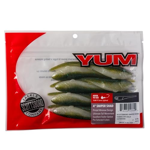 YUM Sniper Shad Soft Plastic – Realistic Minnow Bass Fishing Lure, Jig Head & Underspin Trailer, 3” 4” 5” Sizes, Multiple Colors - color: Tenkiller Gold, size: 4"