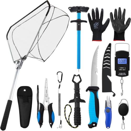 RoundFunny 10 Pcs Fishing Tool Kit, Fishing Pliers with Lanyard and Protective Sheaths, Landing Net, Fillet Knife, Fish Scale, Gripper, Hook Remover, Braid Scissors, Gloves for Men Dad Gift - color: Blue