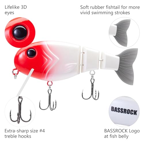 BASSROCK Topwater Fishing Lures for Bass Pike Salmon Floating Swimbait Jointed Crankbait Freshwater Saltwater 4.9in/1.76oz RK1001 - color: Red Head, size: 4.9in/1.76oz