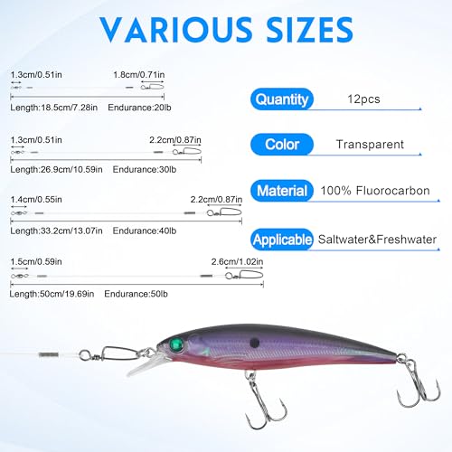 Fishing Leaders Fishing Fluorocarbon Wire Leader Line with Crane Swivels and Snap 20-50LB Fluorocarbon Leader Connector Tackle Lures Rigs or Hooks Fishing Leader Line for Saltwater Freshwater - size: 30lb-9" 12pcs