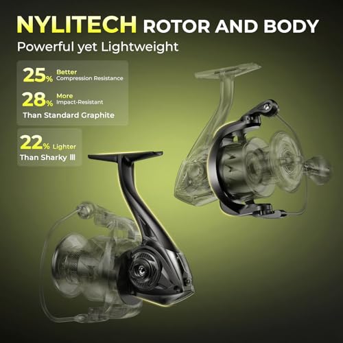 KastKing Sharky Spinning Reel – 5.2:1 & 6.2:1 Gear Ratios, Carbon Fiber Drag 33–39.5LB, 10+1 Stainless Bearings, Lightweight Nylitech Body, Oversize Shaft, for Saltwater & Freshwater - color: 6.2:1-Sharky X, size: 2000
