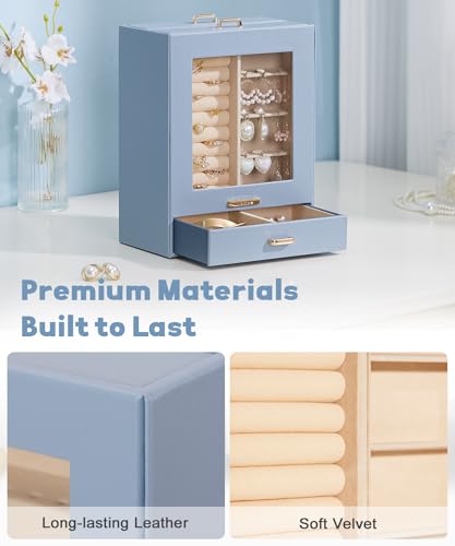 Homde Jewelry Organizer Girls Women Jewelry Box for Necklaces Rings Earrings Gift Bracelets Storage Case (Grey Blue + Gold) - color: Grey Blue + Gold
