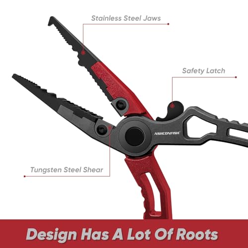 Ashconfish Fish Lip Gripper Pliers - Upgraded Muti-Function Aluminum Alloy Hook Remover and Split Ring Pliers for Fly Fishing, Ice Fishing, Fishing Gear (Red) - color: Red