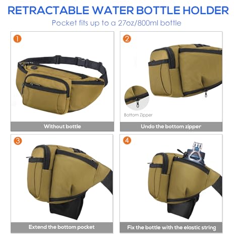 NOOLA Fanny Pack Waist Bag for Men Women, Lightweight Waist Pack with Water Bottle Holder, Adjustable Belt Bag with Multi-Pockets for Hiking, Dog Walking, Outdoor, Cycling, Running, Travel, Khaki - color: Khaki