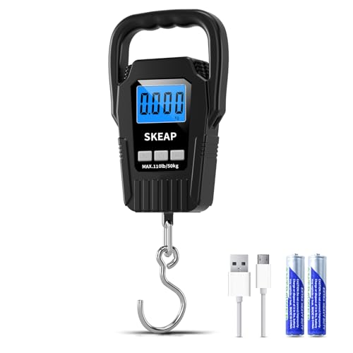 SKEAP Digital Fish Scale - 110lb/50kg Backlit LCD Fishing Gear with Portable Handle, Includes 2 AAA Batteries & Stainless Steel Hook, with USB Charging- Fishing Gifts for Men - color: Black-USB