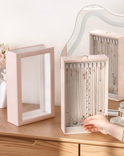Lolalet Upgraded Double-Sided Hanging Necklace Organizer Box, Jewelry Display Case with Double-Sided Clear Window for Necklaces Bracelets, Tangle-Free Necklace Storage Box, Pink, 1-Layer 20 Hooks - color: Pink, size: 1-Layer, 20 Hooks