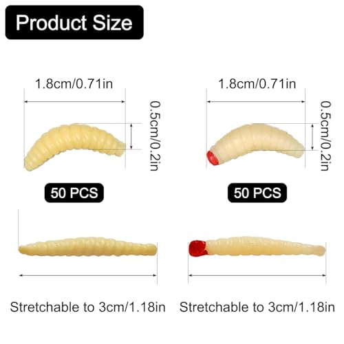 100pcs Bass Fishing Worms Lures, Silicone Soft Maggot Baits Bread Worm Fishing Lures, Bread Worm Wax Worms for Trout Panfish, Fresh Water Fishing Lures Set, 2 Styles