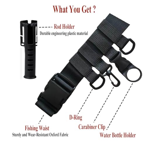 Fishing Waist Belt Rod Holder - Adjustable Wading Belt with Portable Pole Inserter ,Come with D-Ring Attachments, Carebiner Clip and Water Bottle Holder - Wader Strap