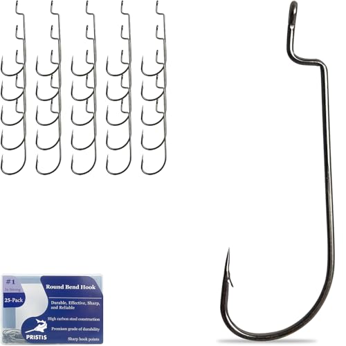 Pristis 25 Pack High Carbon Steel Fishing Hooks, Reinforced EWG Circle Octopus Round Bend 60 Degree Wide Gap Strong Barbed Worm Fish Hook Jig Bait Rig for Saltwater Freshwater Bass Tuna Walleye Trout - color: Round Bend, size: #1