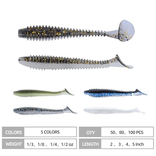 Paddle Tail Swimbaits 100/80/50PCS, 5/4/3/2 inch Soft Fishing Lures Bulk Pack – Durable Lifelike Action Lures for Bass, Trout, Crappie – Freshwater & Saltwater Fishing Gifts - color: Black-Gold, size: 2in, 100pcs