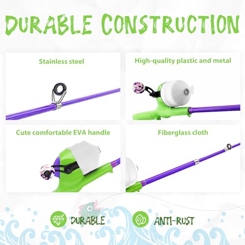 Kids Fishing Pole, Telescopic Fishing Rod, Toddler Collapsible Fishing Rod and Reel Combo with Tackle Box, Fishing Line, Bobber, and Soft Lures for Boy, Girl, Youth, Beginner, Over 4 Years Old - color: Vital Green& Starry Purple