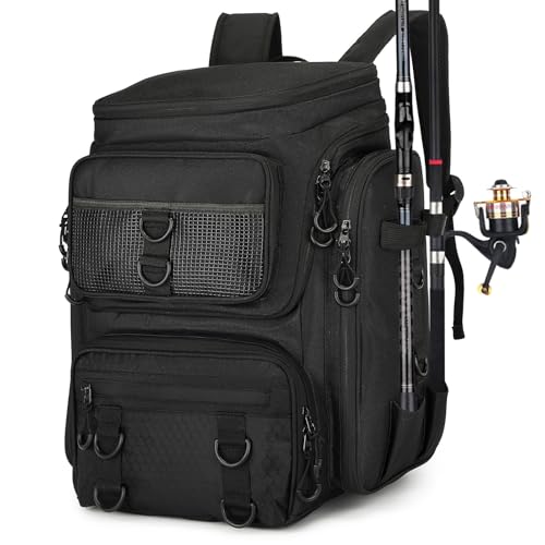 Fishing Backpack with Rod Holder, Durable Waterproof Fishing Bag, 42L Large Capacity Tackle Box Backpack (Black) - color: Black