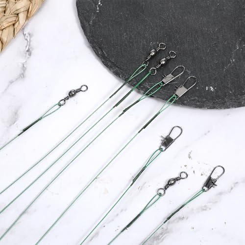50 Pcs Fishing Leaders with Swivels, Steel Wire Fishing Leader | High-Strength Anti-Bite Wire Leader Line Kit for Saltwater Freshwater, Connects Lures, Hooks, Rigs (Green, 4/6/8/10/12 Inch) - color: Green