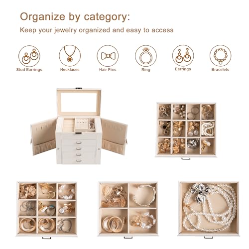 Frebeauty 5-layer Jewelry Box,Faux Leather Jewelry Organizer with 4 Drawers,Jewelry Organizers and Storage with Mirror,Jewelry Holder Organizer for Necklace,Jewerly Boxers for Women Girls(Black) - color: Black, size: Medium