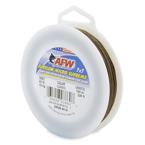 American Fishing Wire Surflon Micro Supreme Nylon Coated 7x7 Stainless Steel Leader Wire - Knottable Wire Leaders for Fishing Saltwater, Fly Fishing, 13lb Test - 90lb Test, Bright, Black & Camo Colors - color: Camo, style: 100 Meter, 40 Pound Test