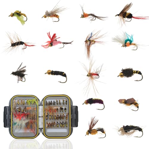 Fly Fishing Kit with Tackle Dry/Wet Fly Handcrafted Lures, Streamer for Trout, Bass, Salmon - color: 64pcs