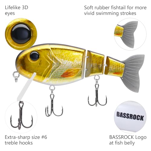 BASSROCK Topwater Fishing Lures for Bass Pike Salmon Floating Swimbait Jointed Crankbait Freshwater Saltwater 4.9in/1.76oz RK1001 - color: Golden Shiner, size: 3.9in/1.04oz
