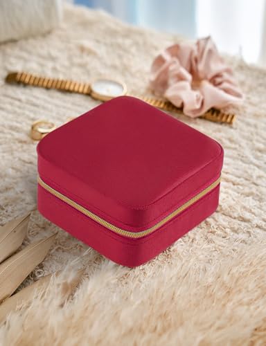 MFXIP Plush Velvet Travel Jewelry Case Small Jewelry Box Jewelry Organizer Storage Case Portable Jewelry Travel Case for Girls Womens Earring, Necklace, Rings,Bracelets with Mirror - color: Burgundy