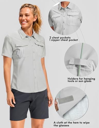 Haimont Women's UPF 50+ Short Sleeve Hiking Button Down Shirt | Quick-Dry Stretch, Mesh Back Vents, 2 Chest Pockets + Zip Pocket, Sunglasses Loop, Lens Cloth, Travel - color: Light Grey, size: XX-Large