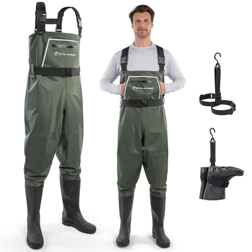 Calamus WaveWalker Fishing Waders for Men & Women, 100% Waterproof PVC Waders with Slip-Resistant Boots, Tear-Resistant Nylon - color: Military Green, size: 12