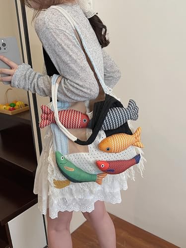 Knitted Beach Shoulder Bag for Women 3D Fish Bohemian Tote Versatile Purse Soft Hobo Handbag for Summer Vacation 2026 - color: A White