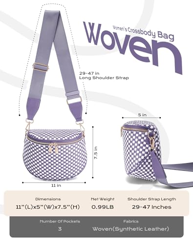 Trendy Woven Checkered Crossbody Bum Bag for Women，PU Leather Checkered Purse Fanny Packs Belt Bag (Woven Bum Bag - Cloudy Purple White) - color: Woven Bum Bag - Cloudy Purple White