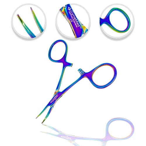 Cynamed Mosquito Hemostatic Forceps with Multicolor/Rainbow Titanium Coating - Premium Quality - Hemostat Clamping Pliers with Serrated Jaws - 3.5 in. (Curved) - style: Curved
