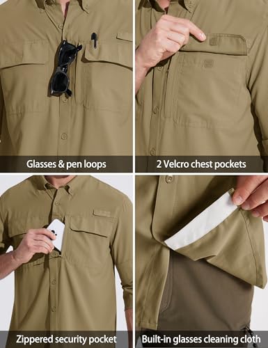 MAGCOMSEN Men's Sun Protection Fishing Shirts Long Sleeve UPF 50+ Quick Dry Cooling Button Down Shirt for Hiking Safari - color: Khaki, size: XX-Large