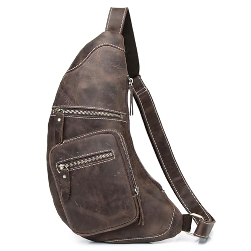Genuine Leather Sling Bag for Men Women Shoulder Backpack Satchel Crossbody Chest Casual Outdoor Daypack - color: #01deep Brown