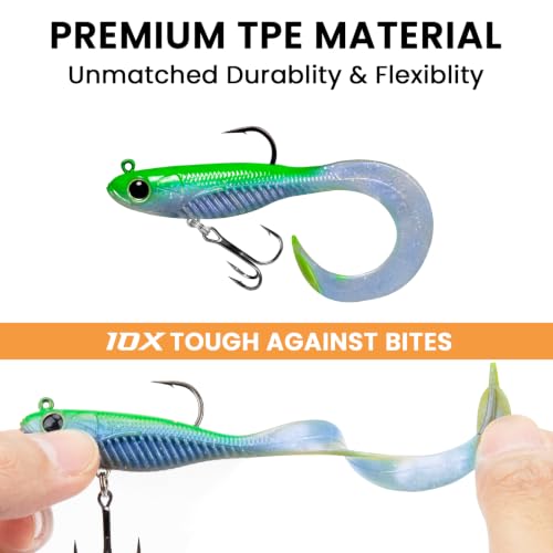 TRUSCEND Duramax TPE Soft Fishing Lures with BKK Hooks, Easy Catch Curly & T-Tail for Trembly Sinking & Vibrating Swim, UV or Glow Effect for All Conditions, Pre-rigged Swimbait for Bass Trout Crappie - color: A2-3.5"-3/8oz