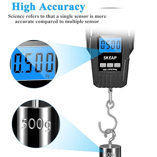 SKEAP Digital Fish Scale - 110lb/50kg Backlit LCD Fishing Gear with Portable Handle, Includes 2 AAA Batteries & Stainless Steel Hook, with USB Charging- Fishing Gifts for Men - color: Black-USB