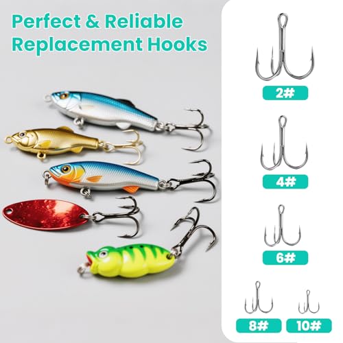 Fishing Hooks Treble Hooks Kit, 50pcs(Size#2#4#6#8#10),High Carbon Steel Strong Sharp Round Bend for Catfish Trout Hard Baits Lures,Saltwater Freshwater