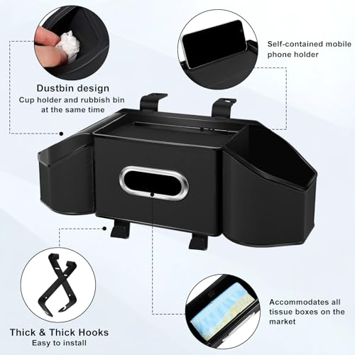 7-In-1 Car Seat Back Organizer with Cup Holders, Tissue Box, Garbage Can&Hooks, Multifunctional Headrest Storage Organizer, Headrest Cup Holder for Backseat, Car Accessories for Trips, Travels(Black) - color: Black