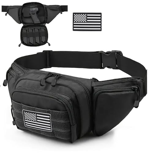 Tactical Fanny Pack Gun Holster Concealed Carry Pistol Military Tactical Waist Bag Waterproof Molle EDC Pouch with USA Flag Patch - color: Black