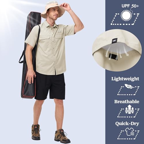 Satankud Fishing Shirts for Men Short Sleeve Sun Protection Cooling Hiking Shirt for Travel Safari Camping Work - color: Beige, size: Medium