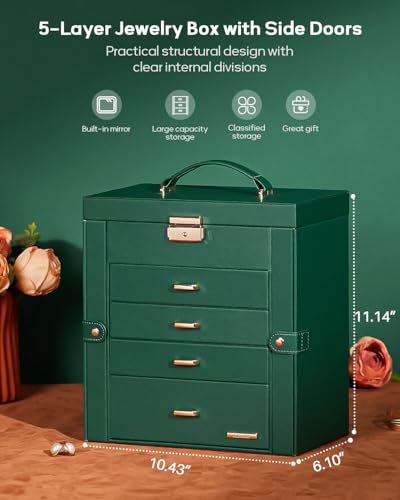 Homde Synthetic Leather Huge Jewelry Box Mirrored Watch Organizer Necklace Ring Earring Storage Lockable Gift Case (Forest Green + Gold) - color: Forest Green + Gold