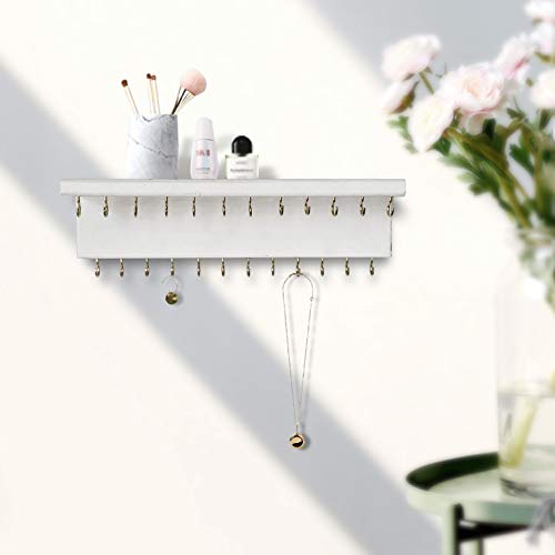 SANY DAYO HOME Jewelry Organizer with 24 Hooks and Cosmetics Shelf, 12 x 3 x 4 inches Wall Mounted Rustic Pine Wood Holder for Necklaces and Bracelets, Suitable for Kids and Adults (Retro White) - color: 24 Hooks Retro White