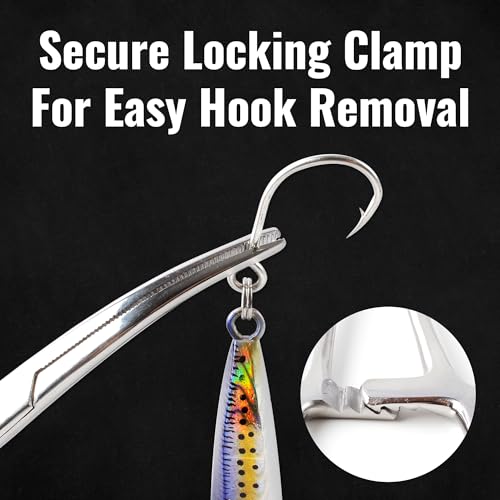 Fishing Forceps Set Hook Remover with Anti Loss Lanyards 2 Pack | Stainless steel fishing hemostats with serrated tips locking clamp for fly fishing kayak boat freshwater saltwater use trout