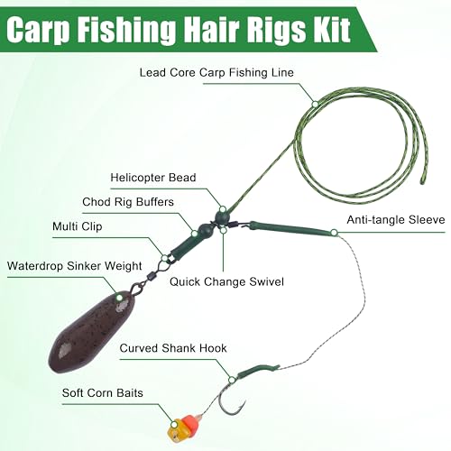 Carp Fishing Rigs Kit Carp Hair Rig with Carp Sinker Weights Carp Hooks Corn Bait Leader Rigs Quick Change Rolling Swivels Sleeves Carp Fishing Equipment Accessories - color: Carp Rigs Waterdrop Sinker, size: 3oz