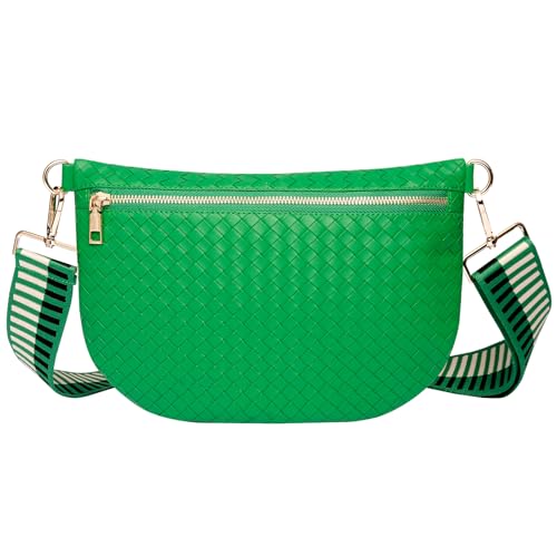 Woven Crossbody Bags for Women Leather Belt Bum Sling Purse Fanny Waist Pack Chest Shoulder Bag for Women-Green - color: Green