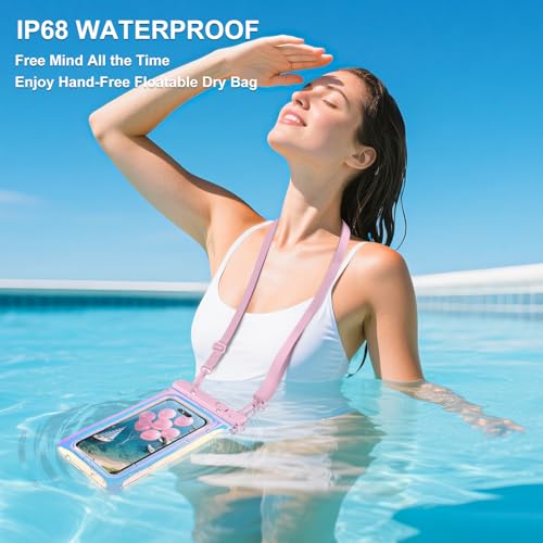 Waterproof Phone Pouch Floating, IPX68 Waterproof Phone Case for Beach Kayak Cruise Essentials, Dry Bag for iPhone 17 16 15 Pro Max Samsung S26 S25 S24, Up to 7", Iridescent Pink Letter - color: Iridescent Pink Letter